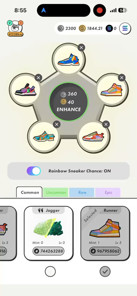 The image shows a phone screen displaying an app called "Rainbow Sneaker Chooser", which allows users to browse through different types of sneakers available for purchase. The app has five different options, each with varying colors and styles. The user interface is simple and easy to navigate, making it convenient for shoppers to find their preferred choice among the available options.
