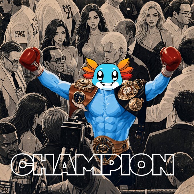 A mixed-media illustration combining a blue axolotl character wearing boxing gloves and championship belts over a grayscale crowd scene, with the word 'CHAMPION' displayed prominently at the bottom.