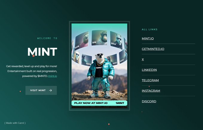A landing page for MINT features a polar bear mascot in a teal jacket holding NFT cards, alongside links to mint.io, getminted.io, X, LinkedIn, Telegram, Instagram, and Discord.