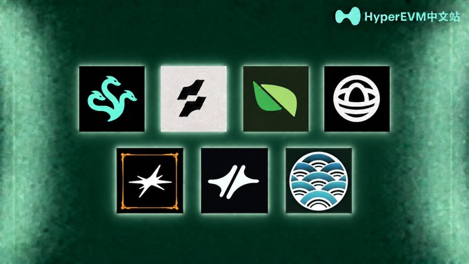 A collection of seven app icons is displayed on a dark green background, with the text 'HyperEVM中文站' in the top right corner.