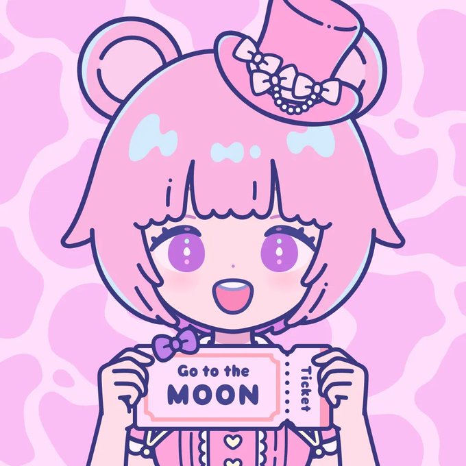 A pink-haired anime-style character holds a ticket reading 'Go to the MOON' against a pink cow-print background.