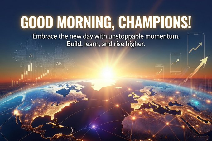The image is a motivational "GOOD MORNING, CHAMPIONS!" graphic featuring a glowing sunrise over Earth with rising charts and upward arrows, accompanied by the message "Embrace the new day with unstoppable momentum. Build, learn, and rise higher." — visually reinforcing the post's uplifting call to greet the new day with energy and pursue goals in Tech, AI, Crypto, and Smartphone sectors.