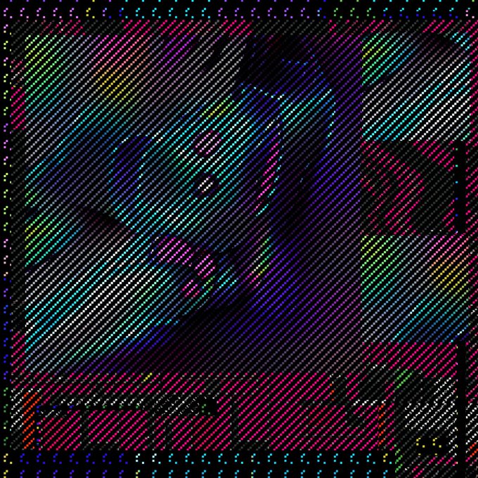 An abstract digital image with a pixelated, dotted texture features diagonal stripes in dark colors with hints of blue, green, purple, and pink against a black background.