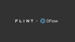 The image displays a partnership announcement banner featuring the text "FLINT × DFlow" in white against a dark background, with DFlow's blue cube logo between them. The "×" symbol signifies the collaboration described in the post, where Flint's market-making infrastructure for Solana joins the DFlow ecosystem.