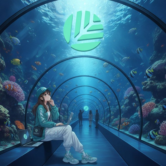 An anime-style illustration of a young woman with a green cap sitting in an underwater tunnel aquarium, with laptops and a large green leaf logo above.