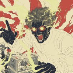 A comic book-style illustration depicts a figure with glowing red eyes, dark curly hair, and a white lab coat operating a glowing piece of technical equipment with knobs and meters.