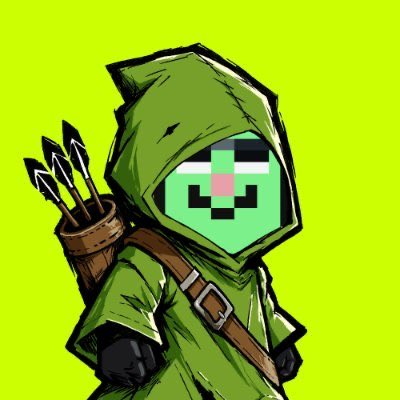 A cartoon-style character wearing a green hooded cloak with a pixelated green face, carrying a quiver of black arrows on its back against a bright green background.