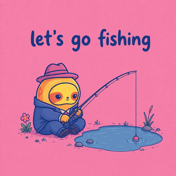 A cute cartoon illustration of a yellow creature wearing a blue suit and hat, fishing in a small pond with the text 'let's go fishing' on a pink background.