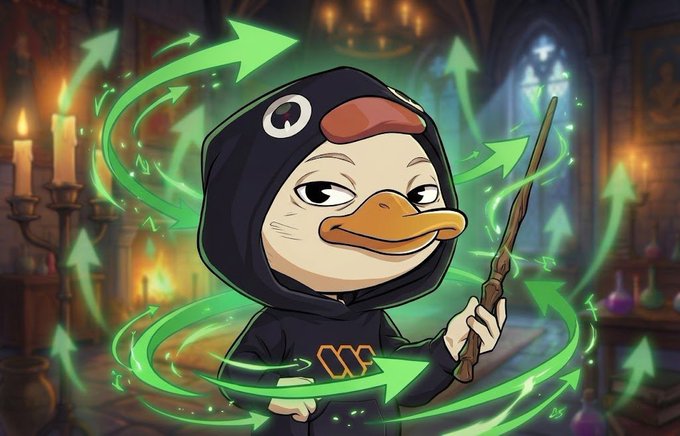 The image features a cartoon duck dressed in a black hoodie holding a wand while standing inside an old building. The background of the image shows a green arrow pointing towards the right side, which could be interpreted as a sign or direction for the viewer's attention. The caption provided suggests that this scene is related to a post on social media where people are encouraged to share their thoughts and engage with others in order to build mindshare and create opportunities.