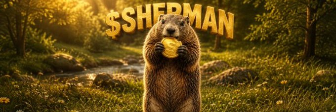 A marmot stands upright in a sunlit grassy field holding a gold coin, with the golden text "$SHERMAN" prominently displayed behind it—fitting the playful "groundhog" branding of the Solana token $Sherman, as marmots belong to the same animal family and are often colloquially called groundhogs.