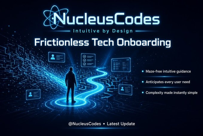 A futuristic graphic for NucleusCodes with the tagline "Intuitive by Design" and headline "Frictionless Tech Onboarding," showing a person on a glowing blue path with features like "Maze-free intuitive guidance" and "Complexity made instantly simple."
