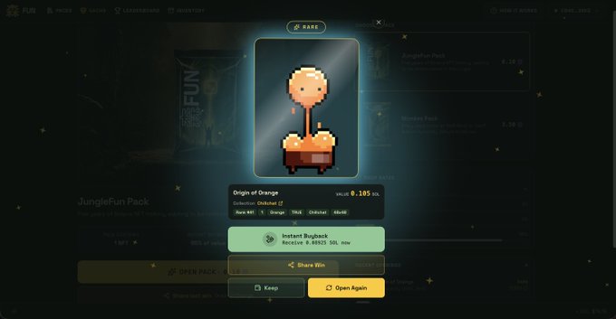 A digital card from JungleFun Pack displays a pixelated "Origin of Orange" character with a value of 0.105 SOL, tagged as "RARE" with an "Instant Buyback" option for 0.03125 SOL. The interface shows options to "Keep" or "Open Again" the card, fitting the post's theme of ripping packs on the JungleFun platform powered by Magicblock.