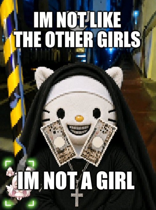 A meme image showing a person in a black hooded robe wearing a creepy Hello Kitty mask, holding two Nintendo Switch consoles; text reads 'IM NOT LIKE THE OTHER GIRLS' and 'IM NOT A GIRL'.
