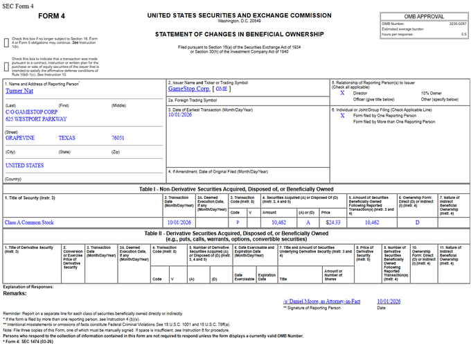 An SEC Form 4 Statement of Changes in Beneficial Ownership filed by Daniel Moore dated 10/01/2026 regarding GameStop Corp Class A Common Stock transactions.