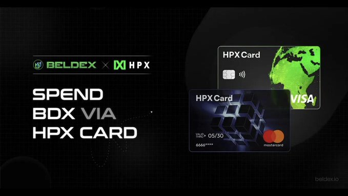 A promotional graphic for a partnership between Beldex and HPX, advertising the ability to 'SPEND BDX VIA HPX CARD' with images of a green Visa card and a blue Mastercard.