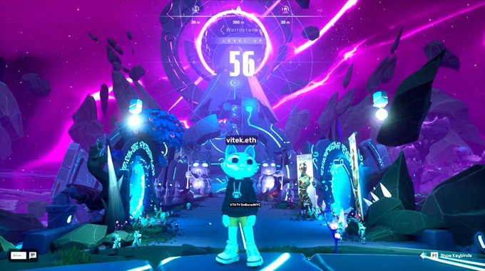 A screenshot from a virtual gaming world featuring an avatar named 'vitek.eth' wearing a 'Vite by EthernalsC' hoodie, standing in a purple neon-lit environment with portals and a 'Resistance' timer showing '56'.