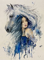 A watercolor painting of a white horse's head merged with the face of a woman with long dark hair, with blue paint dripping down the bottom.