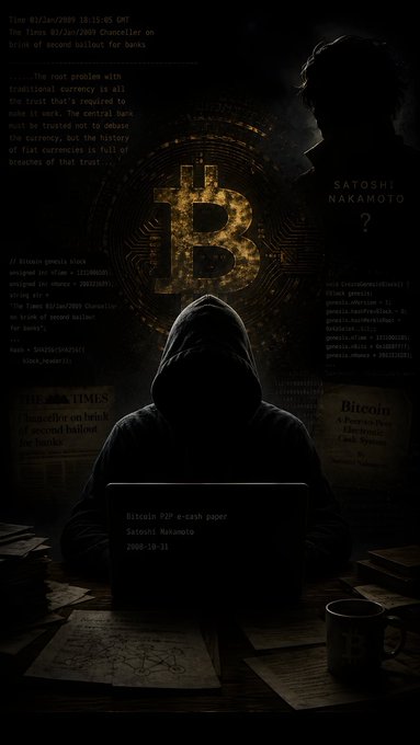 A hooded figure works on a laptop labeled "Bitcoin P2P e-cash paper - Satoshi Nakamoto - 2008-10-31," surrounded by imagery of the Bitcoin logo, The Times headline ("Chancellor on brink of second bailout for banks"), and references to Satoshi Nakamoto's whitepaper. The image of Bitcoin's mysterious creator ties loosely to the post's theme of productivity tools, though the connection is weak—likely a generic crypto-themed backdrop rather than a direct visual match for the @gokiteai announcement.