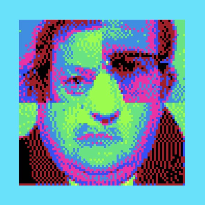 A vibrant, pixelated digital artwork featuring a face rendered in high-contrast neon pink, blue, and green colors against a light blue background.