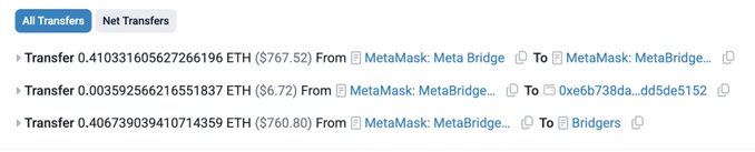 A transaction history showing three ETH transfers from 'MetaMask: MetaBridge...' to addresses including '0xb738da...' and 'Bridgers', with USD values around $760.