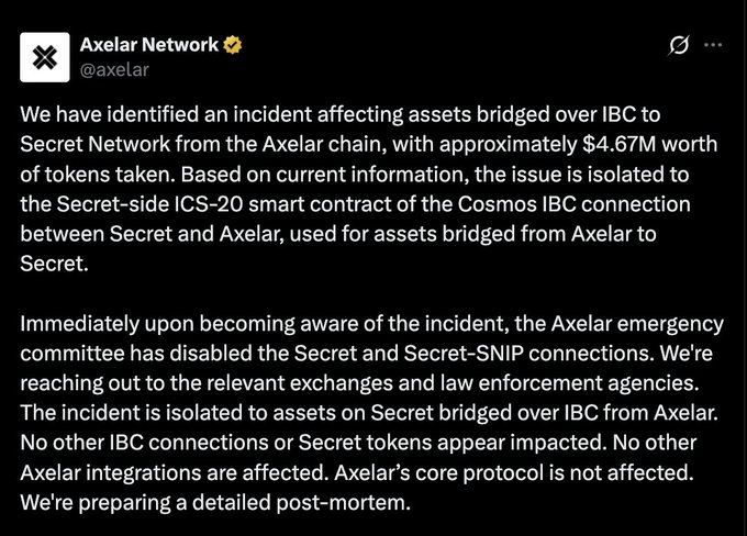 The image shows a screenshot of a Facebook message posted by Axelar Network, which contains information about an incident involving the use of cryptocurrency. The message includes details such as the identity of the person who sent the message (Axelar Network), the type of information shared (incident), and the impact on the recipient's account (immediate). The post also mentions that Axelar has identified a suspicious activity, possibly related to Bitcoin or cryptocurrency exchanges, which could be an attempt to exploit it.