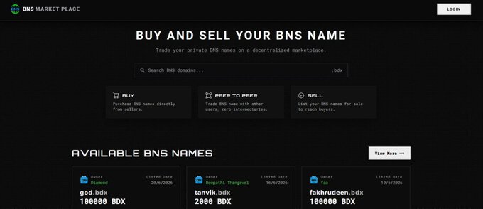 A webpage for 'BNS MARKET PLACE' with the headline 'BUY AND SELL YOUR BNS NAME', featuring options to Buy, Peer to Peer, and Sell, along with available BNS names like 'god.bdx' and 'tanvik.bdx'.