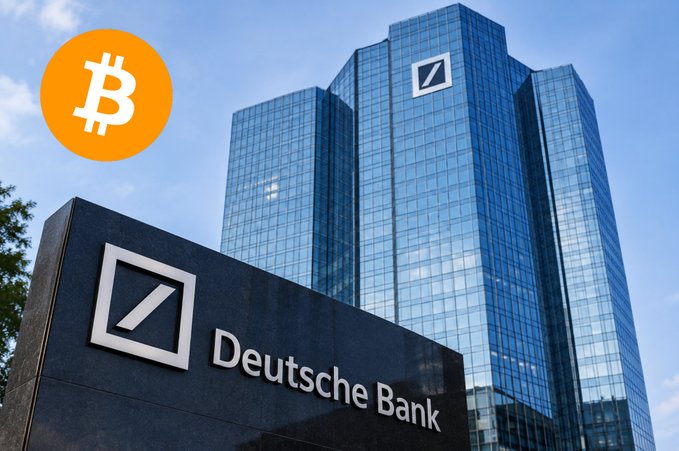The Deutsche Bank headquarters tower stands beneath a Bitcoin logo, symbolizing the post's point about a €1.9 trillion bank moving BTC onto institutional balance sheets — and the need for credit infrastructure to make that held capital productive.