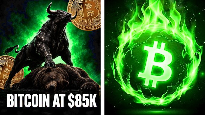 A split cryptocurrency graphic showing a bull standing over a bear with 'BITCOIN AT $85K' on the left, and a glowing Bitcoin logo surrounded by green flames on the right.