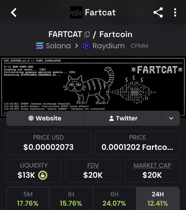 A screenshot of the FARTCAT/Fartcoin token page showing a price of $0.00002073, market cap of $20K, and liquidity of $13K on Solana/Raydium CPMM, featuring ASCII art of a farting cat with a playful terminal-style interface.

The image illustrates the post's theme of cat-themed meme tokens, showcasing FARTCAT as the current featured coin in what appears to be a series of cat tokens (following $MCCAT and preceding $BABYZCAT).