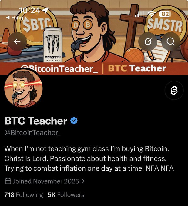 A Twitter profile page for verified user "BTC Teacher" (@BitcoinTeacher_) shows 5K Followers and 718 Following, with a bio describing himself as a gym teacher who buys Bitcoin and is passionate about fitness, directly celebrating his milestone of reaching 5,000 followers shown in the caption.