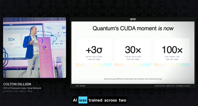 Colton Dillion, CEO of PostQuantum Labs / Quip Network, presents at Quantum Tech World 2025 with a slide titled 'Quantum's CUDA moment is now,' highlighting '+3σ better solutions, 30× faster, 100× less energy.'