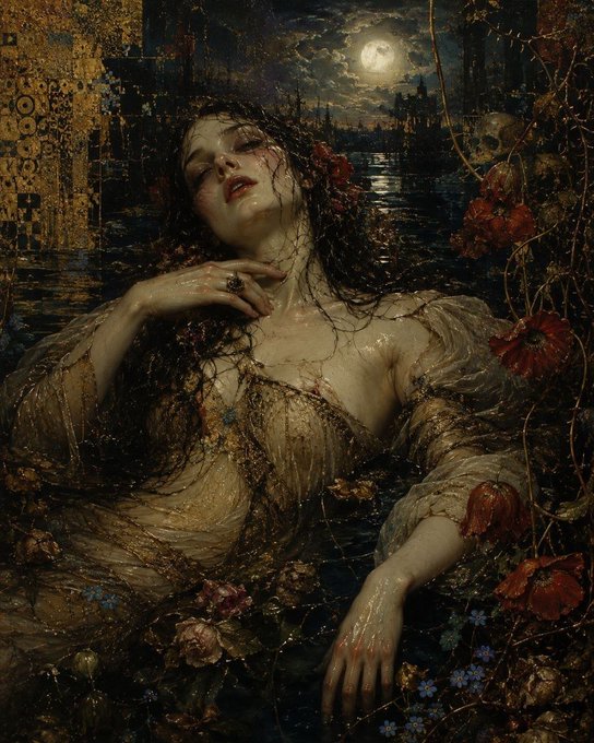 A dark, gothic painting depicts a pale woman partially submerged in water under a full moon, with flowers blooming around her and a skull visible in the background.