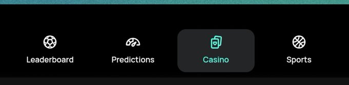 A dark-themed navigation menu bar with four icons labeled 'Leaderboard', 'Predictions', 'Casino' (highlighted), and 'Sports'.
