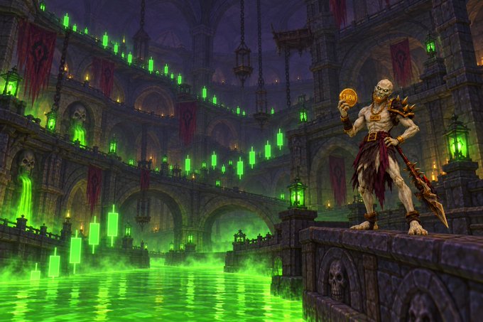 A dark fantasy digital artwork featuring a skeletal warrior holding a glowing gold coin and a sword, standing in a gothic castle illuminated by eerie green candles and lanterns, with green liquid below.