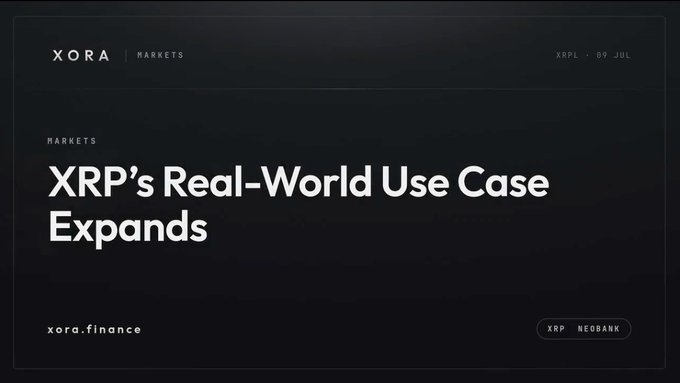 The image is a sleek, dark-themed promotional graphic from XORA Markets branding itself as an "XRP NEOBANK," with the headline "XRP's Real-World Use Case Expands," dated XRPL · 09 JUL. It ties into the post by positioning XORA as a real-world yield solution for retail XRP holders tired of just buy-and-hold, offering daily yield with no lock-up — a tangible utility beyond passive holding.