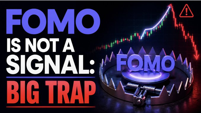 The image depicts a bear trap labeled "FOMO" with a stock chart showing a sharp rise followed by a steep fall, illustrating how FOMO can lead to a "BIG TRAP." The text "FOMO IS NOT A SIGNAL: BIG TRAP" reinforces this message, warning against impulsive investment decisions driven by the fear of missing out.