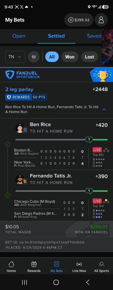 A screenshot of the FanDuel Sportsbook app showing a settled 2-leg parlay bet on Ben Rice (+420) and Fernando Tatis Jr. (+390) to hit a home run, with a $10.05 total wager winning $256.07, aligning with the post's "$10 to $256" promotional message.