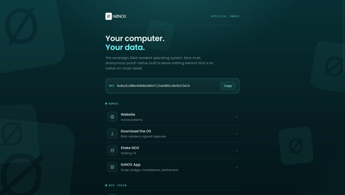 The image displays a computer screen showing the Nonos Dev page from their official website. The page provides information about Nonos dev including its index, OS, NOX contract, whitepapers, staking documentation, and resources accessible through this site. The focus of the text is on protecting users against scammers and impersonators by providing all verified resources in one place.
