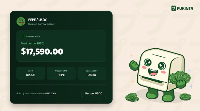 A Purinta interface displays the PEPE/USDC isolated borrow market with a total borrow of $17,590.00, an LLTV of 62.5%, PEPE as collateral, and a "Borrow USDC" button, alongside a cheerful mascot holding PEPE coins—visually reinforcing the post's announcement about high USDC utilization in the PEPE lending market.