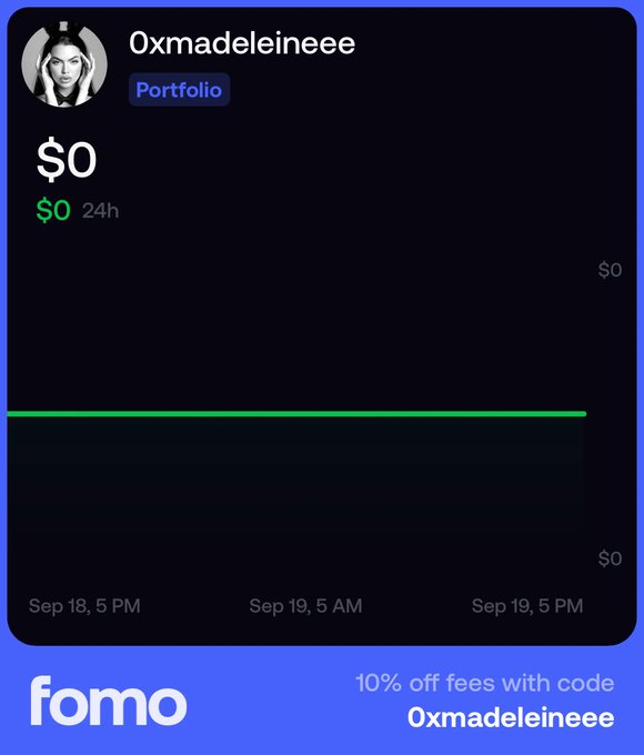 A fomo app profile card for user "0xmadeleineee" showing a Portfolio value of $0 with $0 in 24h change, and a discount code offering "10% off fees with code 0xmadelineee".