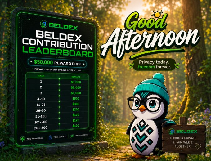 A promotional graphic features a penguin mascot in a teal beanie next to a 'BELDEX CONTRIBUTION LEADERBOARD' showing a $50,000 reward pool with tiered rankings, alongside text reading 'Good Afternoon' and 'Privacy today, freedom forever.'