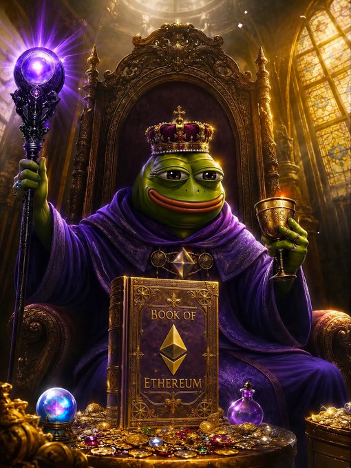 A digital artwork of a Pepe the Frog character dressed as a king in purple robes, holding a glowing staff and a goblet, with a book titled 'Book of Ethereum' in front of him amidst treasure and potion bottles.