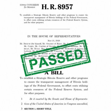 Image of H.R. 8957 bill regarding a Strategic Bitcoin Reserve, stamped with a green 'PASSED' mark.