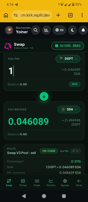 A mobile screenshot of a crypto swap interface on zm.kirk.replit.dev, showing a user named Yoliner swapping 1 DGPT for approximately 0.046089 SDA on the Sora Chain V3.