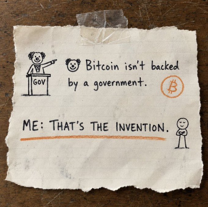A crumpled, taped note features a hand-drawn cartoon of a suited figure at a "GOV" podium pointing at a bear-faced character saying "Bitcoin isn't backed by a government," with an orange Bitcoin logo, while a stick figure below replies "ME: THAT'S THE INVENTION." The sketch visually reinforces the post's message that Bitcoin's decentralized, government-free nature is its core innovation and a beautiful feature of the tool.