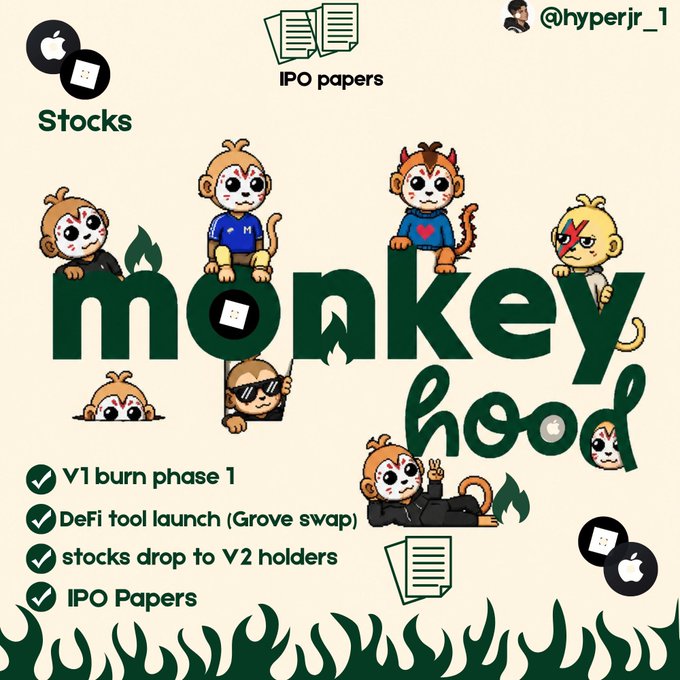 A promotional graphic for 'monkeyhood' featuring cartoon monkey characters around the stylized green logo, with checkmarks listing milestones: 'V1 burn phase 1', 'DeFi tool launch (Grove swap)', 'stocks drop to V2 holders', and 'IPO Papers', alongside 'Stocks' icon and the Twitter handle '@hyperjr_1'.
