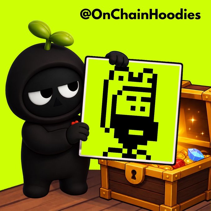 A cartoon character in a black hooded outfit with a small green sprout on its head holding a pixel-art sign, standing next to a treasure chest, with the text "@OnChainHoodies" at the top.