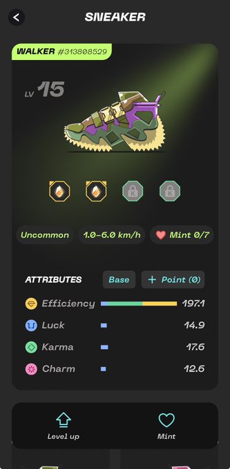 A screenshot of a sneaker NFT called 'WALKER #313808525' showing its level (15), attributes including Efficiency (197.1), Luck (14.9), Karma (17.6), and Charm (12.6), along with Level up and Mint options.