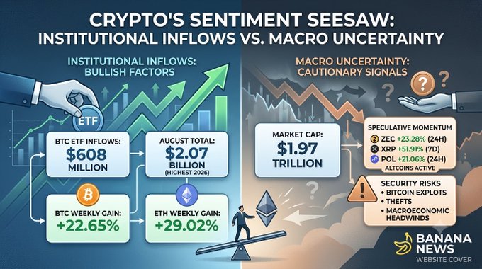 Infographic titled 'CRYPTO'S SENTIMENT SEESAW: INSTITUTIONAL INFLOWS VS. MACRO UNCERTAINTY' showing bullish factors like $608M BTC ETF inflows and August total of $2.07 billion against cautionary signals like a $1.97T market cap and security risks from Banana News.