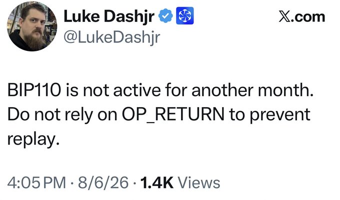 A tweet from Luke Dashjr (@LukeDashjr) dated 8/6/26 warns that BIP110 is not active for another month and advises against relying on OP_RETURN to prevent replay, confirming his statement that BIP110 is delayed.